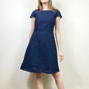 Uniqlo Navy Floral Eyelet Lace Cap Sleeve A Line Dress